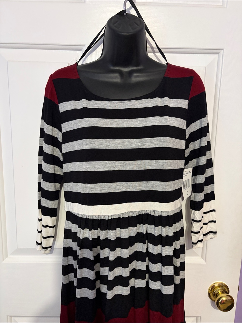 B. Smart NWT Women’s Black & Gray Striped Dress with Burgundy Accents size large